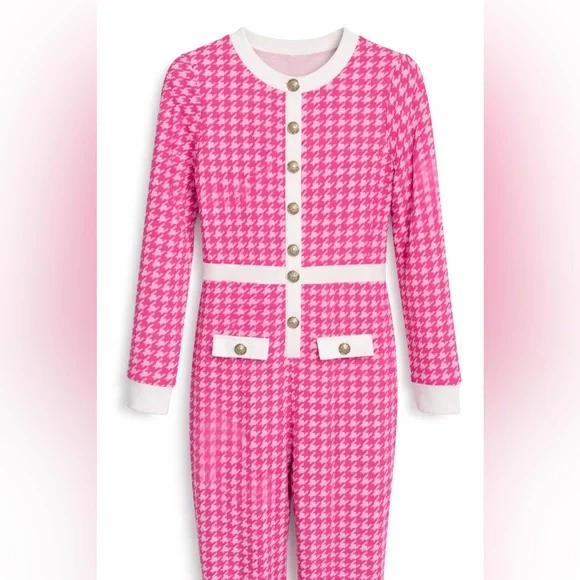 Pink Houndstooth Knit Jumpsuit with White Trim - Picture 2 of 4